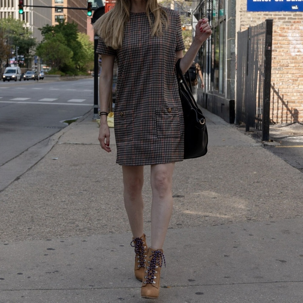 Plaid shift dress with pockets